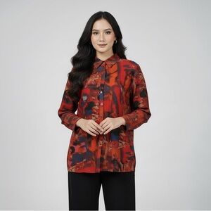 Women's Red Abstract Button-Down Shirt with Long Sleeves